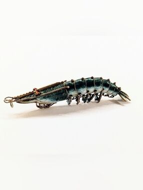 Vintage 3 1/4" Signed Silver Guilloche Enamel Articulated Shrimp Prawn Pendant